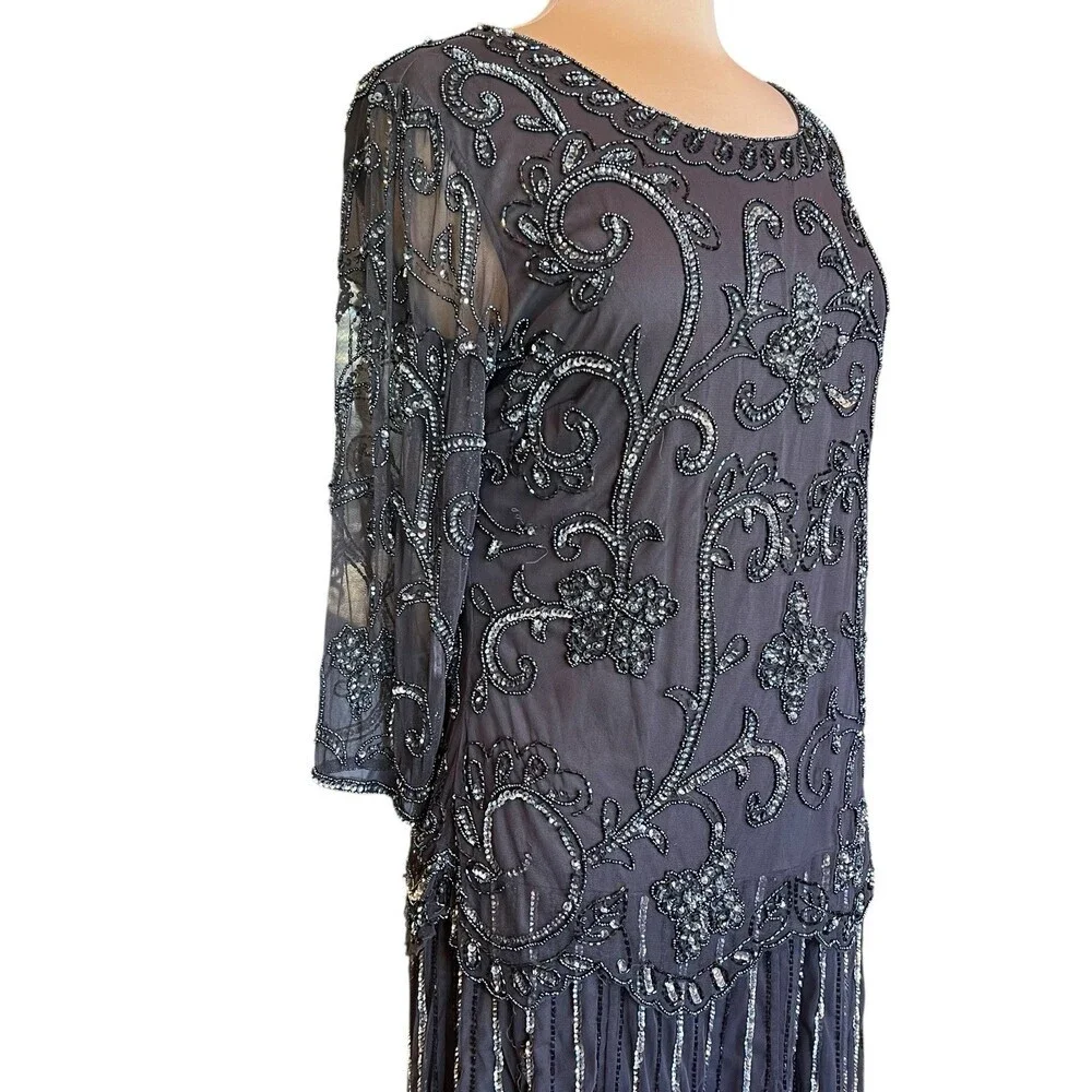 Pisarro Nights Heavily Beaded Mesh Maxi Dress SZ 14 Gatsby Formal Evening Gown